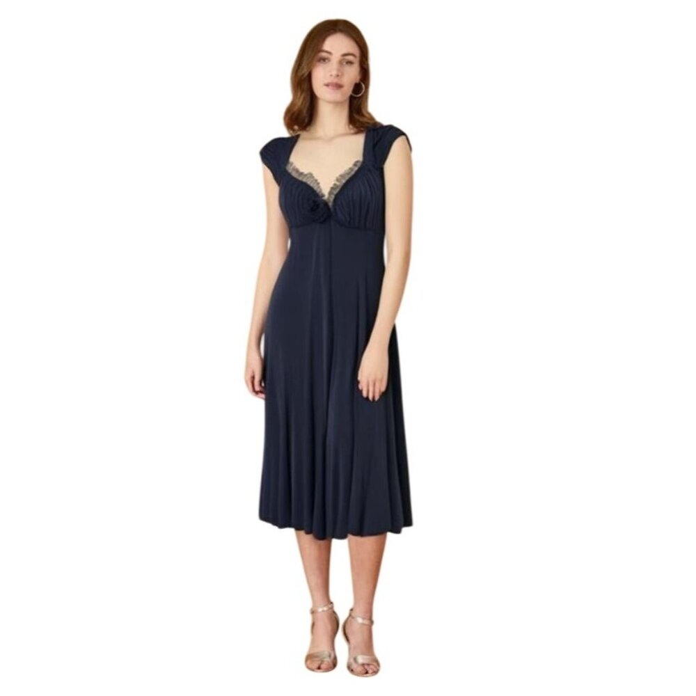 Blumarine Elegant Navy Blue 100% Silk Lace Overlay Baby Doll Midi Dress Size M